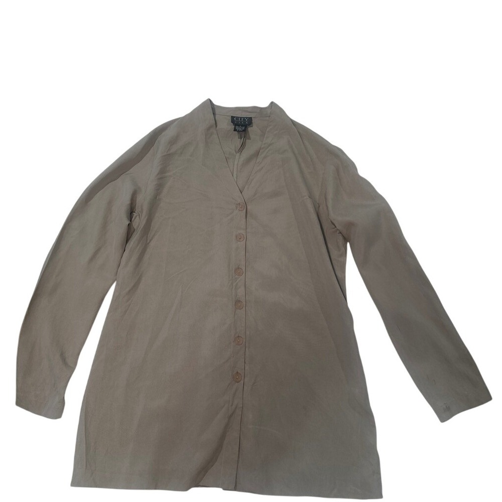 Laggen Minimalism 100% Silk Button Down Blouse Taupe Brown V-Neck Long Sleeve M